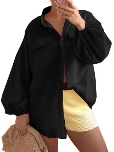 Cicy Bell Womens Oversized Button Down Shirts Puff Long Sleeve Collared V Neck Cotton Blouses Linen Loose Fit Tops2