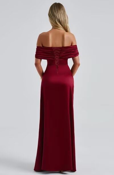Satin Bridesmaid Dresses Off The Shoulder with Slit Women’s Long Ruched Bodycon Prom Dress 20254
