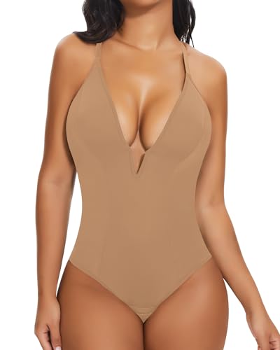 Image of SHAPERIN Bodysuit for Women Shapewear Tummy Control Deep V Neck Plunge Sleeveless Backless Thong Body Suit Tank Top