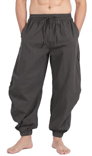 perdontoo Mens Casual Cotton Linen Pant Elastic Waist Drawstring Yoga Jogger Pants (Small Dark Grey)