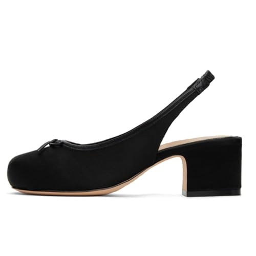Agodor Slingback Heels for Women Ruched Satin Ballet Mary Jane Shoes with Bow Square Toe Ballerina Pumps Low Chunky Block Heels Elastic Rear Strap Comfortable Dress Ballet Shoes3