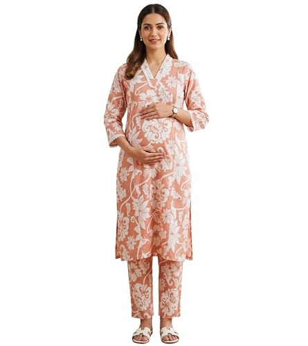 Image of DUMMY SHAPE Maternity Dresses for Women Cotton | Floral Kurta Pant Dupatta Set with Nursing Zippers, Side Pocket | Pre & Post Pregnancy | Feeding Kurti Suit | Baby Shower | Gifts for Pregnant Woman