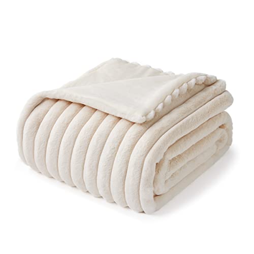 Amélie Home Luxury Jacquard Striped Faux Fur Throw Blanket, Soft And Warm Thick Furry Throw Blankets Delicate Texture Milky Fluffy Plush Blanket For Sofa Couch Bed Living Room, Ivory, 50"X 70" #TOP6