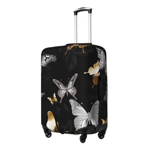 Gold White Butterflies Black Travel Luggage Cover Elastic Washable Suitcase Protector Anti-Scratch Travel Suitcase Cover Luggage Protector Fits 18-32 Inch Suitcase2
