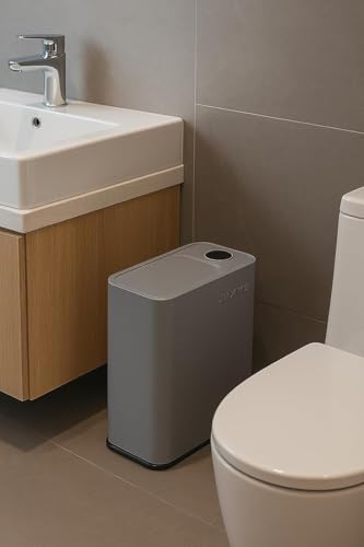 Image of Owme Trash Bin with Easy Press Lid Fashionable Garbage Can Push Top Waste Bin Bathroom Storage Bucket for Any Room Office, Bedroom | Small Tabletop Organizer Bin for Home Office - GREY BLACK