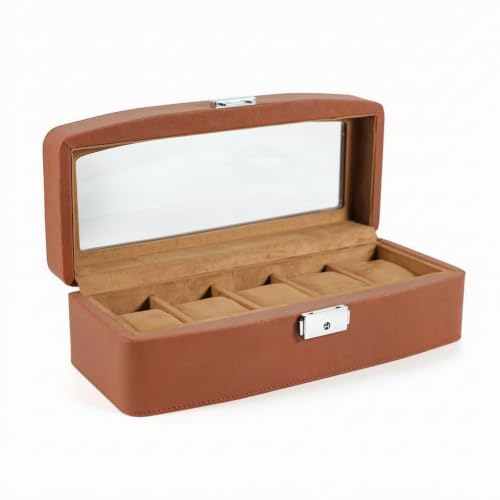 Boîte à montres marron avec couvercle transparent pour commode et coiffeuse