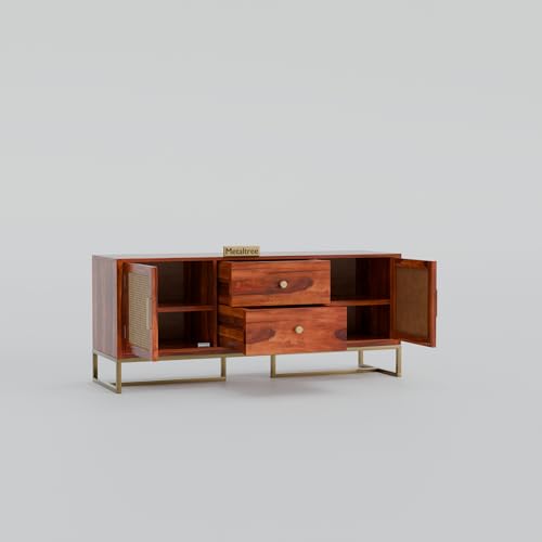 Image of Sheesham Wood Wooden tv Unit for Living Room 55 inch TV Furniture - Entertainment Unit Solid Wood tv Table for Living Room 55 inch TV Console with 2 Drawers, 4 Shelves & Ratan Door