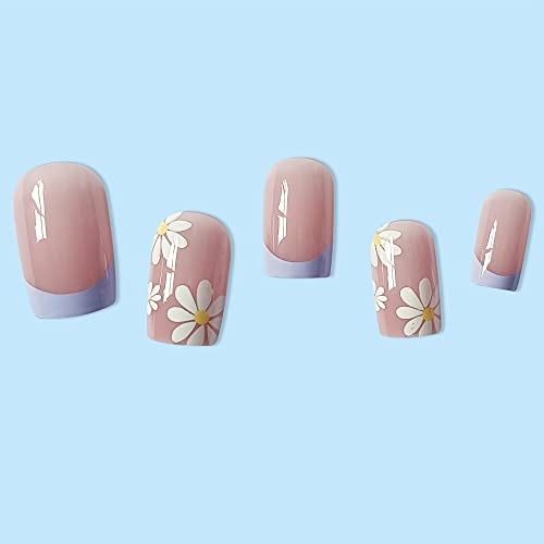 Spring Summer French Tip Press On Nails, Fake Nails Square Acrylic False Nails Flower Design,Artificial Nails For Women And Girls, 24 Pcs #TOP2