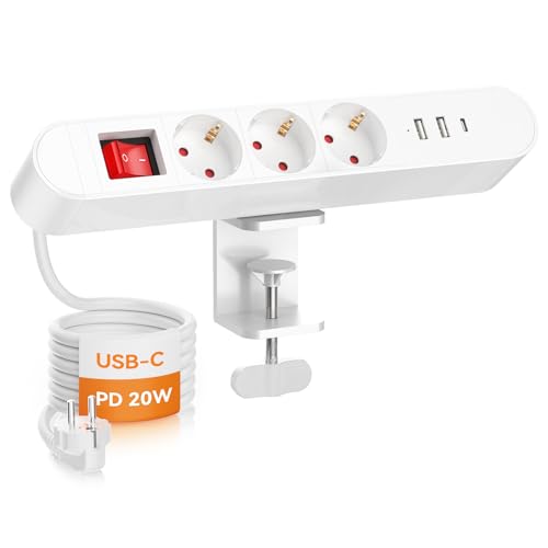 Enchufe de mesa con USB USB-C PD20W, 3 enchufes, regleta de escritorio con interruptor, cable de 2 m, enchufe de mesa para casa o oficina, 16 A/4000 W, color blanco