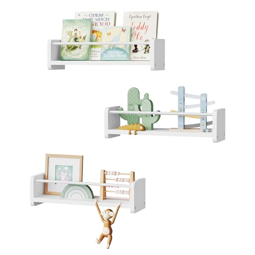 WOLTU Estanterías de Pared, Juego de 3 Estantes Flotantes, Estanteria Libros con Barra Protectora, Baldas Flotantes para Salón, Estudio y Baño, Blanco, RG9534ws