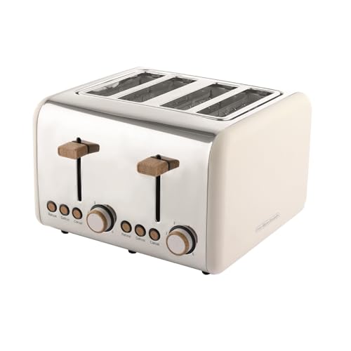 Hamilton Beach Toaster 4 Slice, Scandi, 1500W, 6 Browning Controls, Defrost, Reheat & Cancel Settings, Removable Crumb Tray, Matte Cream with Wood Effect - HBT02MC