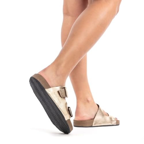 Sandália Feminina Papete Confort Couro Legitimo Burly Heads Leve Ouro (Ouro, BR, Adulto, Numérico, 3