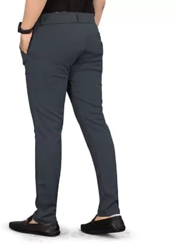 Image of Men's Slim Fit Formal Trousers with Mid-Rise Waist and Lycra Blend | Solid Pattern and Button Closure | Ideal for Office, Business, and Everyday Wear