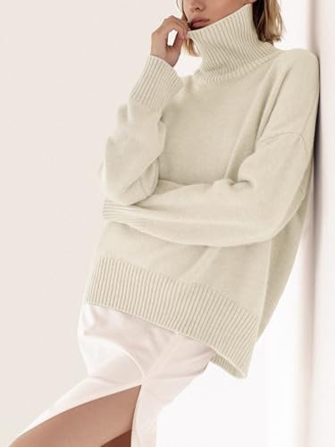 Image of YKR Women's Turtleneck Sweater Chunky Long Sleeve Knitted Pullover High Low Hem Trendy 2025 Fall Winter Basic Jumper Top