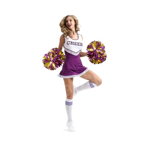 Hooshing 2PCS Purple and Gold Pom Poms Cheerleading with Baton Handle for Team Spirit Sports Dance Cheering Gift