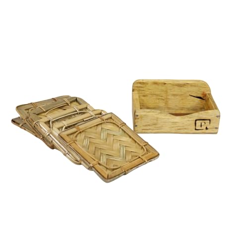 Image of Saras Aajeevika 6 Pc Set of Eco Friendly Handmade Bamboo Sqaure Curved Coaster /Coster Holder for Kitchen Decor Hot Pots, Tea Cups, Coffee Mugs, Glasses Coaster Sets