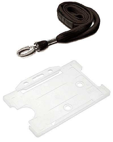 Identity-Plus: Black Neck Lanyard (Recycled Material, Metal Lobster Clip, Safety Breakaway) with Clear Single Sided Landscape ID Card Holder (25)