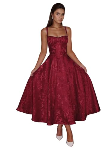 Maxianever Jacquard Satin Midi Dresses for Women 2025 Sweetheart A-Line Prom Cocktail Gown