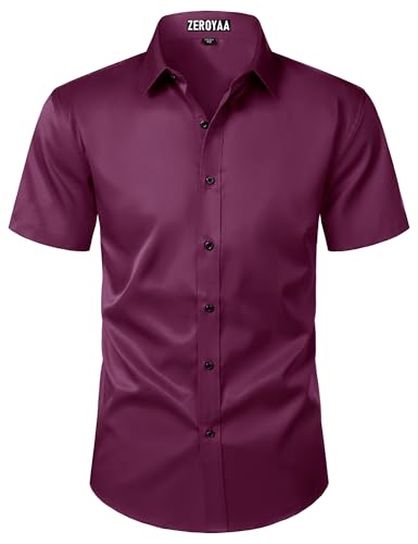 ZEROYAA Men's Short Sleeve Dress Shirt Casual Wrinkle Free Stretch Modern Slim Fit Button Down Shirts for Wedding and Business Maroon Large