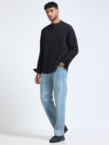 Image of StitchX Men's Seersucker Band Collar Pure Cotton Striped Kurta Shirt-S-2XL