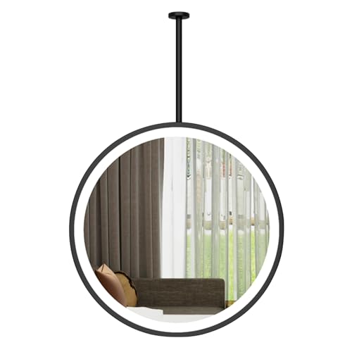 Espejo de tocador con luces, espejo de techo redondo grande LED con barra para colgar, espejo decorativo de vidrio con marco de metal negro, con 3 modos de intensidad regulable(Diameter-60CM/23.6INCH)