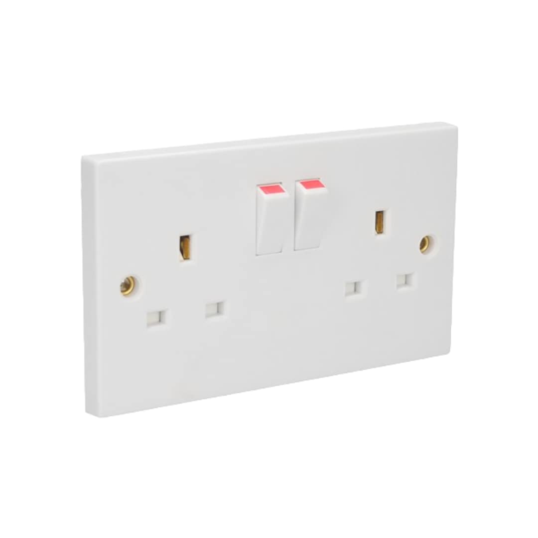 AXIOM Single/Double Switched Socket 13Amp, Single Light Switch Wall 1 Gang 2 Way 10Amp Plug Electric 13 Amp with/without Surface Mount 25mm Pattress Box, White (Double socket faceplate, 1)