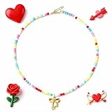Tondiamo Collar de cuentas coloridas para mujer, estilo bohemio, con cuentas de arroz, collar de lazo dorado, gargantilla de cuentas, joyería, regalo de cumpleaños para Navidad, Acción de Gracias