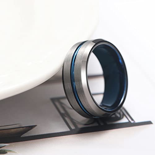 Phyonio 6/8Mm Tungsten Rings For Men Wedding Ring Silver Rings Blue Thin Line Beveled Edge Promise Ring Engagement Band Dome Style Size 10 #TOP5