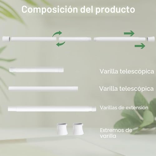 Miniatura 5 de Barra Para Cortinas Sin Taladrar Telescópica Ajustable Giratoria Ajustable, Para Cortinas, Tabiques Y Balcones 1 Pieza 75-145 Cm Blanco