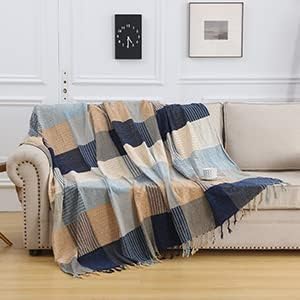 Boho Throw Blanket,Blue Blankets for 2 3 Seater Sofas Double Bed Armchair Couch,Weighted Soft Furniture Throws for Summer,Tassels Chenille Throws and Blankets for Bohemian Decor(220 * 260cm)