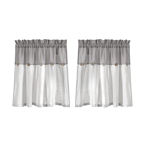 Lush Decor Linen Button Farmhouse Kitchen Tier Window Curtains, 29"L X 24"W, Gray & White #TOP6