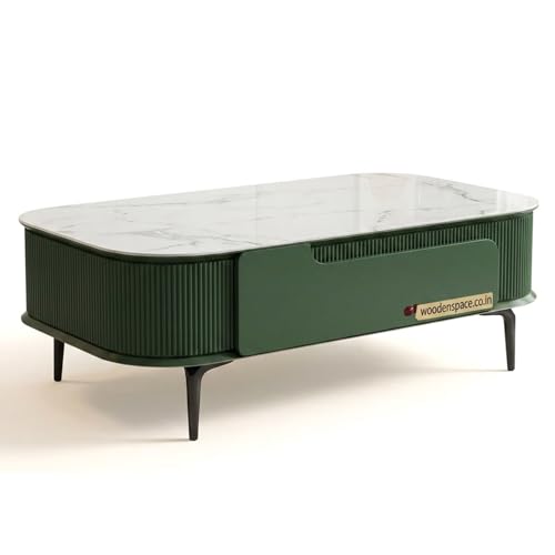 Image of WOODEN SPACE Premium Solo Marble-Top Wooden Center Table for Living Room | Iron Legs | PVD Coating | Modern Entryway Furniture | Coffee Table - 42X24X18 in (Dark Green)