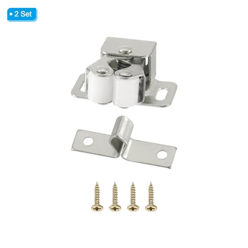 PATIKIL Cabinet Latch Double Roller Catch, 2 Pcs Stainless Steel Cabinet Door with Screws Spring Bead Hardware Latches with Spear Strike for Cupboard Wardrobe Pcs, Silver Nickel