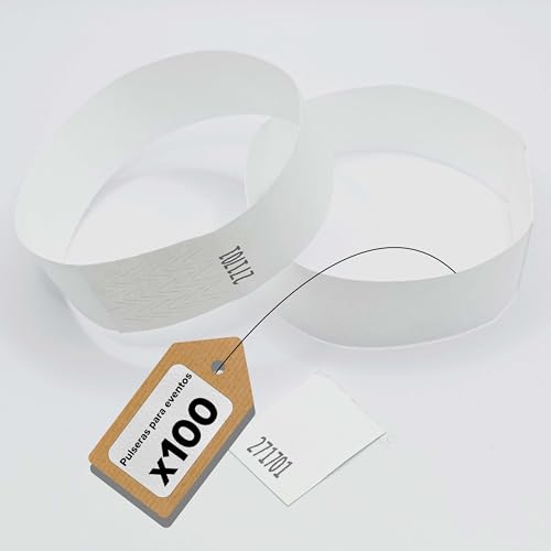 Juego de 100 pulseras tyvek para identificación en eventos y fiestas – resistentes a las roturas e impermeables (blanco)