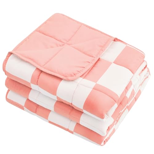 Pink Checkered Weighted Blanket for Adults 20lbs, 60"x80" Queen Size, Cooling Heavy Blanket for 130-220lbs with Premium Glass Beads, Soft Thick Big Blankets for All-Season Sleeping Comfort Breathable