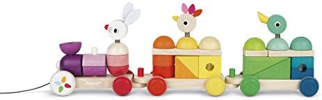 Janod Zigolos Giant 31 Piece Multicolor Wood Pull-Along Train and Stacker – Ages 1+ - J08202