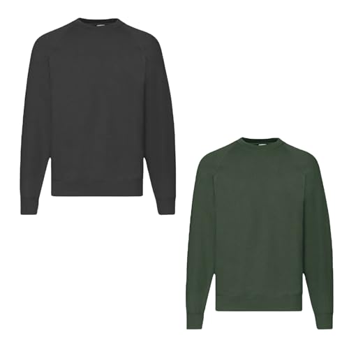 Fruit of the Loom 2er Herren Sweatshirt Classic Raglan Sweat Shirt Verschiedene Farbsets & HLKauf-Block (DE/NL/SE/PL, Alphanumerisch, L, Regular, Regular, Schwarz, Flaschengrün & HLKauf-Block)