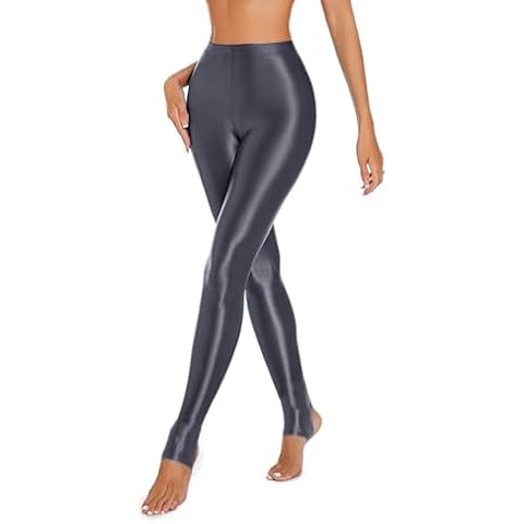 Zaldita Women's Sheer Nylon Stirrup Leggings Tights Oil Shiny Stretch Skinny Seamless Fitness Pants Grey Medium Cover