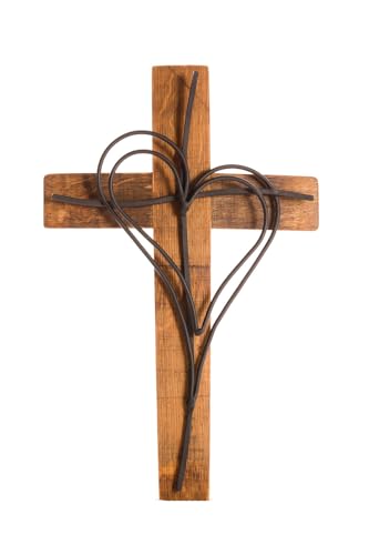 Rustic Wooden Cross with Forged Metal Heart – Handmade Wall