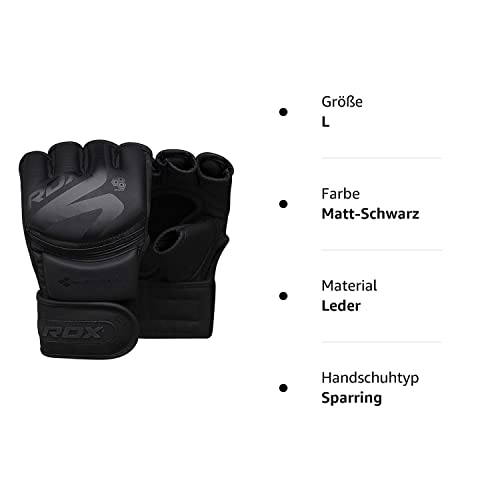 Foto von RDX MMA Handschuhe Schwarz Profi Training, Maya Hide Leder, Grappling Sparring Kampfsport Kickboxen Gepolstert Gloves, Muay Thai Sandsack Boxsack Pratzen Punchinghandschuhe, Männer Herren