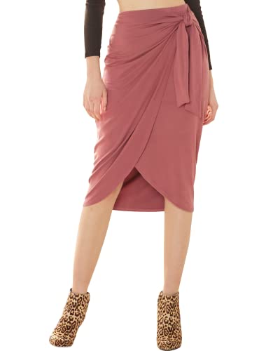 noflik Women's Elastic High Waist Tie Front Wrap Asymmetrical Midi Pencil Skirt