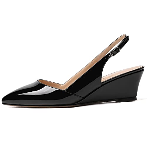 MERRORI Women's Patent Office Solid Slingback Casual Pointed Toe Buckle Wedge Low Heel Pumps Shoes 2 Inch2