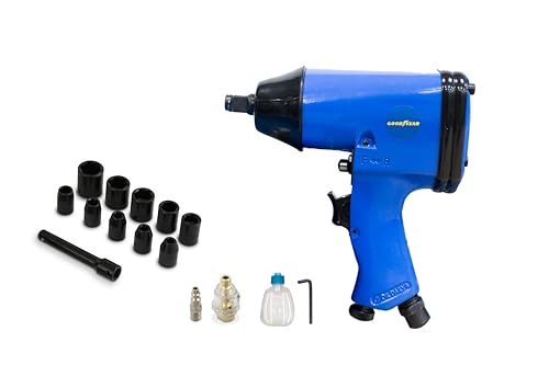 Goodyear - Cle à chocs pneumatique, accessoire pour compresseur, 1/2 avec 10 douilles, 7000 tr/min, 90 PSI, outil pneumatique avec buse, rallonge et mini-pistolet à graisse