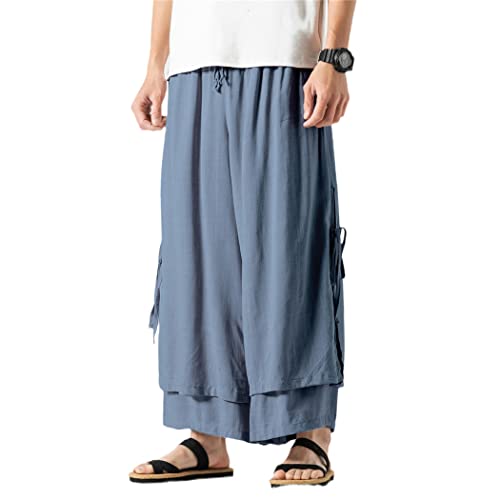 TEWINUH Men Cotton Linen Pants Breathable Solid Color Wide Leg Pants Male Street Hanfu Kongfu Skirt Trousers, Royal Blue, 4X-Large