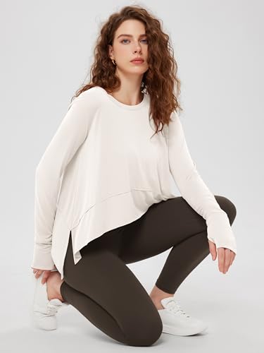 Image of ODODOS Soft Modal Long Sleeve Crop Top for Women with Thumb Hole Athletic Gym Workout Cropped Yoga Shirts