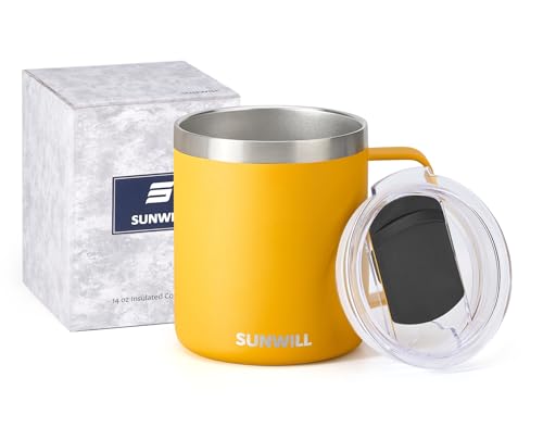 Image of SUNWILL Insulated Coffee Mug with Lid, Travel Tumbler with Handle, 14 oz Stainless Steel Cup for Camping, Office, Home, Powder Coated Yellow
