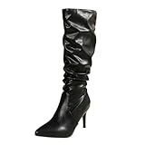 Modische kniehohe Stiefel mit spitzer Zehenpartie Stiletto-Absatz für eleganter Reitstil im Winter Lederstiefel mit Schnallendetail (Black, 38)