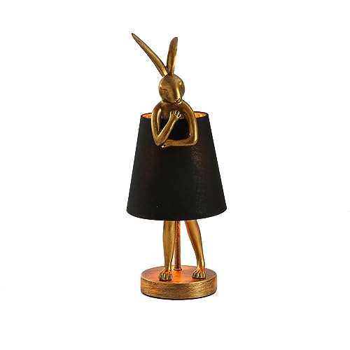 NorDiem Cute Rabbit Animal Table Lamp, Creative Gold Resin Apron LED Desk Light,White/Black Linen Shade,15.7