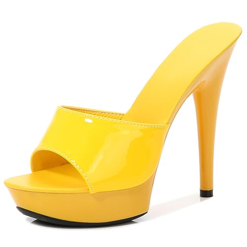 QEOSNBX Women Fish Mouth Sky High Heel Platform Sexy Party Slides Round Open Toe Slip On High Heeled Backless Prom Sandals Fashion Stiletto Dress Bridal Evening Shoes (Yellow,6)
