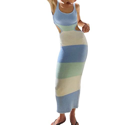 Nufiwi Women Backless Hollow Out Long Dress Sexy Tube Top Maxi Dress Bodycon Spaghetti Strap Cocktail Party Midi Dress(Colorblock Blue,M) #TOP10